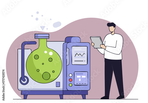 professional man examines a tablet next to a laboratory machine monitoring data Modern clean design with a focus on quality control Suitable for science technology and business themes