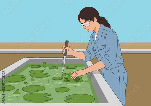 A female scientist analyzes water samples in a test pond. She wears a lab coat and glasses, focused on her work. Clear composition, professional setting.