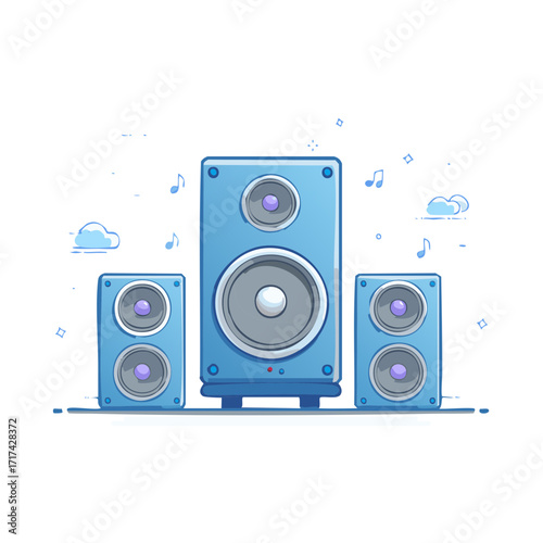Vibrant blue speaker system illustration with musical notes floating around for audio entertainment