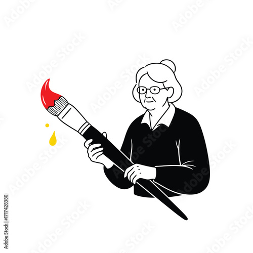 Vector art of elderly woman with glasses painting with a large brush