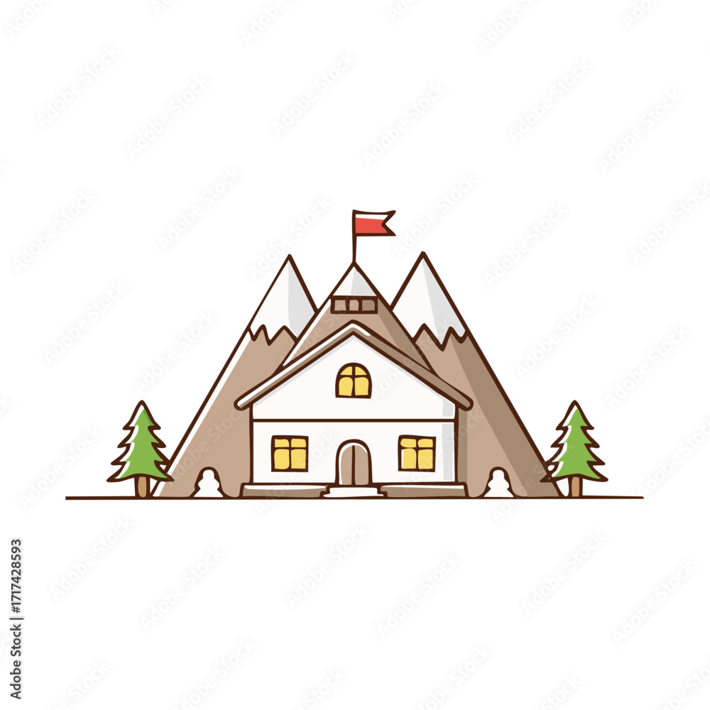 Fototapeta premium Cartoon illustration of a house with mountains and a flag vector illustration