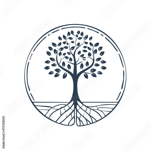 Stylized tree of life with visible roots within a circular frame
