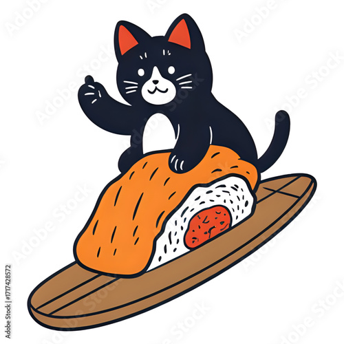 A cat riding a giant sushi roll like a surfboard | cat and fish | cat with a fish