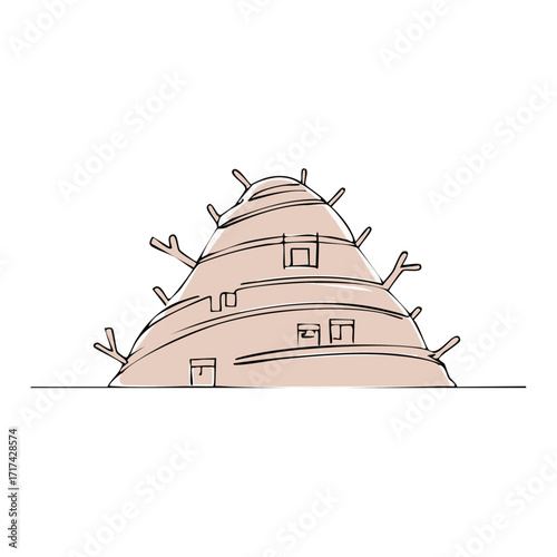 Line Art Illustration of Fantasy Tiered Structure with Protruding Branches and Window Details Against Plain Background