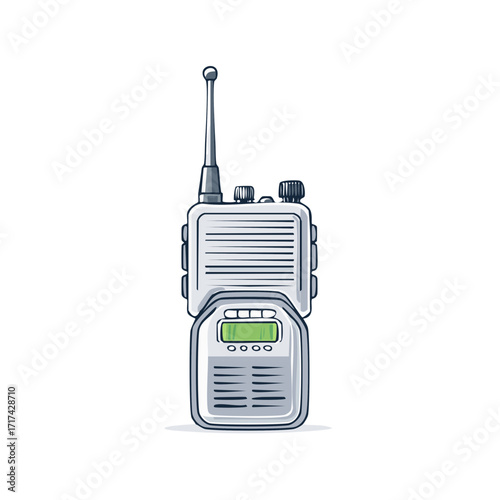 Hand-drawn illustration of a portable two-way radio communicator with antenna and screen