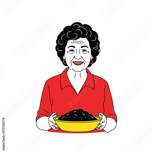 Vector art of smiling elderly woman holding a bowl of food
