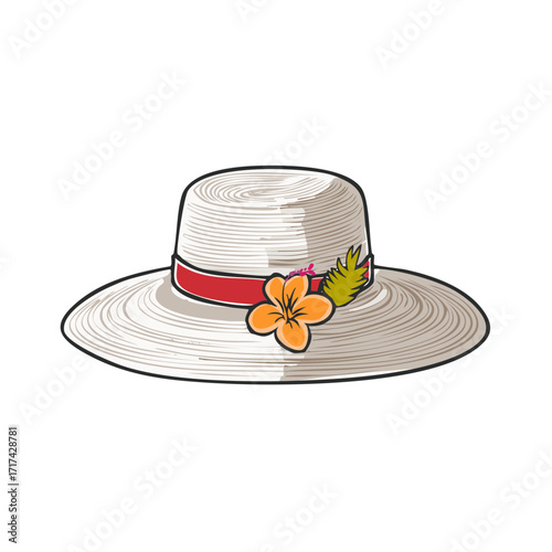 Elegant sun hat embellished with a vibrant flower and a green leaf Summer fashion accessory against harsh sunlight for women