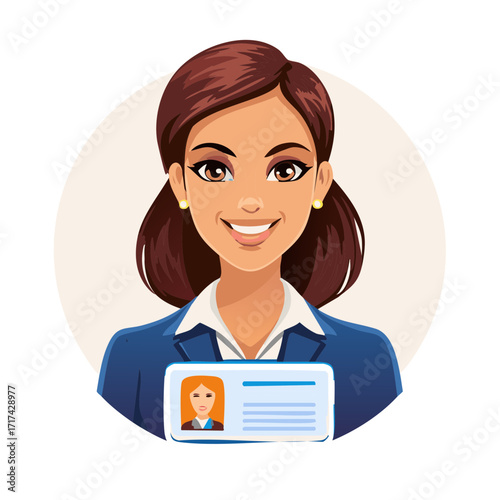 Smiling Businesswoman in Suit Holding Identification Card Illustration