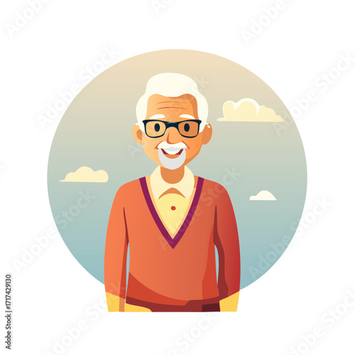 Smiling Older Man Cartoon Character Portrait with Eyeglasses Against Sky Background