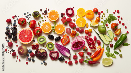 Artistic Arrangement of Fresh Colorful Fruits and Vegetables, Natural Daylight, f/8.0, Studio Product Photography Style