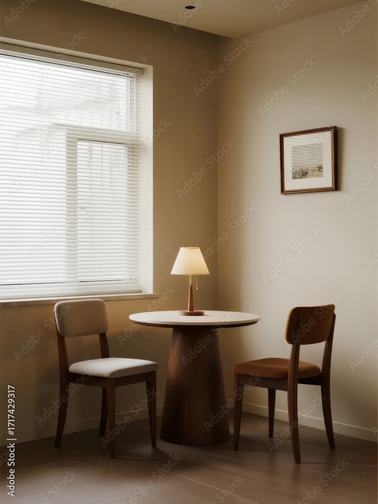 Fototapeta premium Minimalist corner dining area with round table, two chairs, and window with blinds