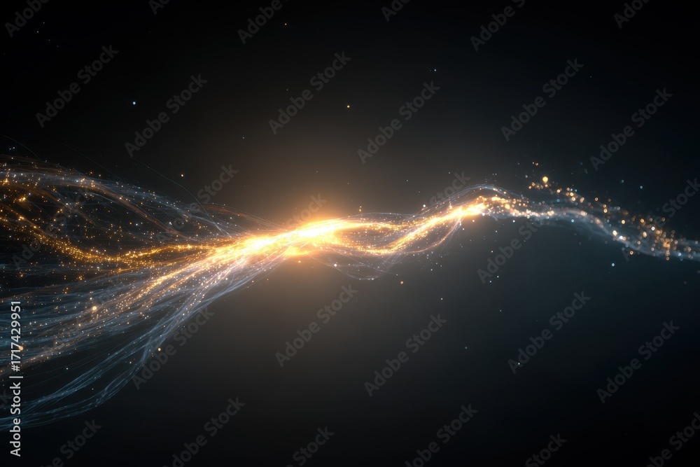 Fototapeta premium Abstract golden energy stream with sparkling particles and blue tendrils on dark