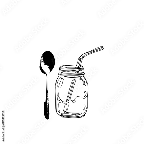 Illustration of a spoon next to a mason jar with a straw and liquid on a white background view