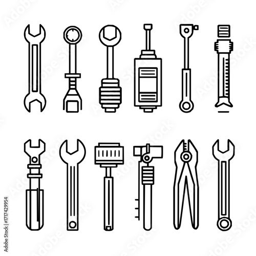 Collection of various mechanical tools including wrenches pliers and other specialized equipment shown as icons