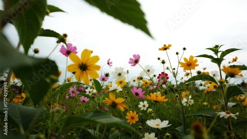 A vibrant field of wildflowers including yellow, pink, and white blooms with green foliage under an overcast sky