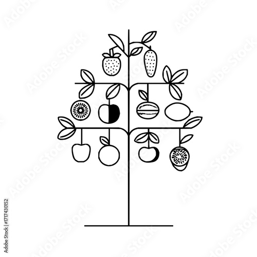 A black and white line drawing of a stylized fruit tree with various fruits hanging from the branches