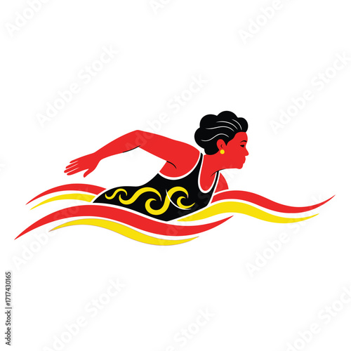 Vector art of woman swimming in stylized red and yellow waves