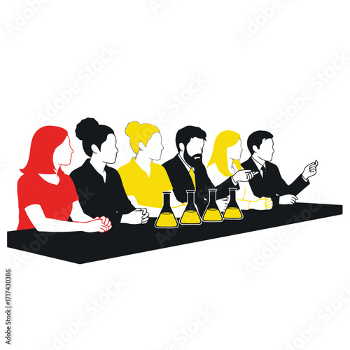 Vector art of panel of judges sitting at a table with flasks