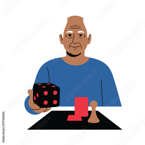 Vector art of elderly man holding a die and game pieces