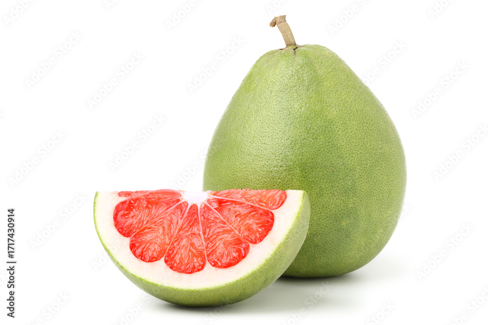 Φωτογραφία fresh pomelo tubtimsiam cut in half to reveal the juicy red flesh