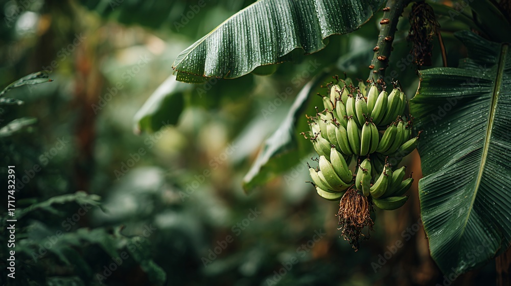 Obraz premium Lush banana bunch, unripe, hanging from a plant with dewy green leaves in a tropical environment