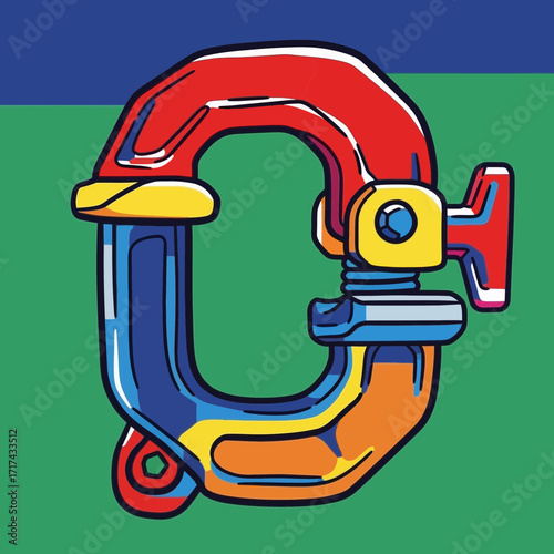 Colorful clamp tool illustration on a green background with blue stripe.