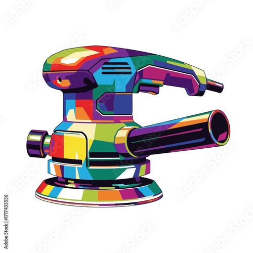 Colorful orbital sander tool on white background.