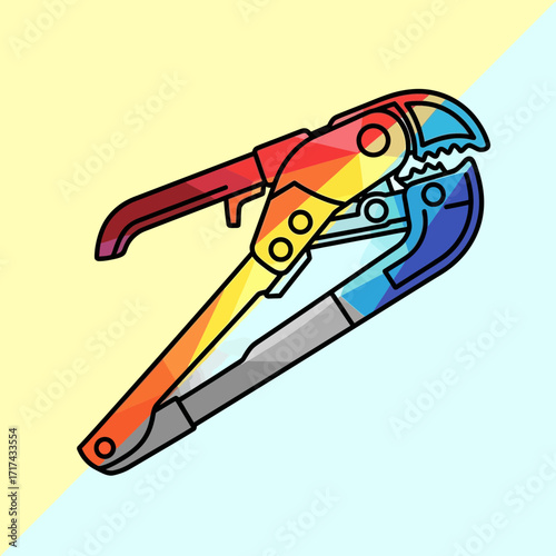Colorful illustration of bolt cutters on a background with yellow and blue sections.