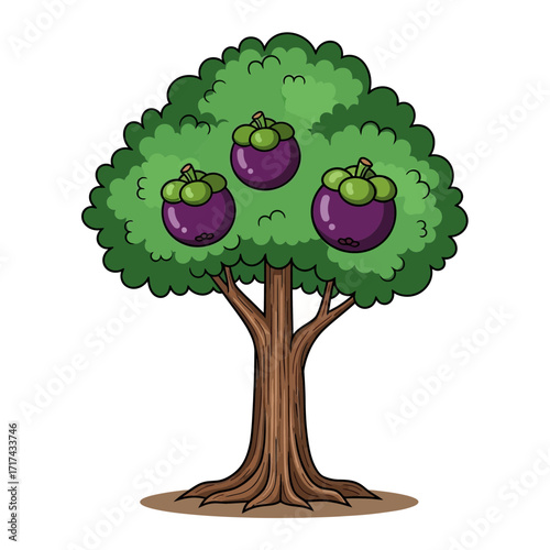 Cartoon tree with purple fruit hanging from its branches against a white background.