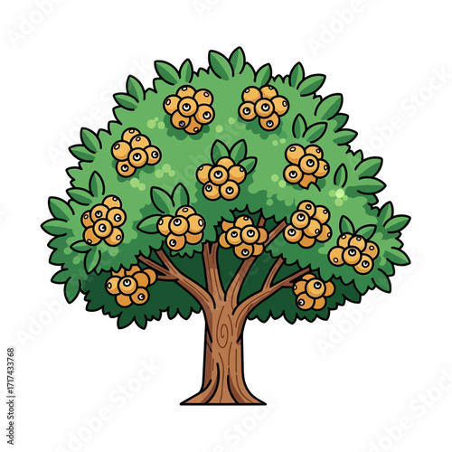Cartoon tree with green leaves and yellow fruit against white background.