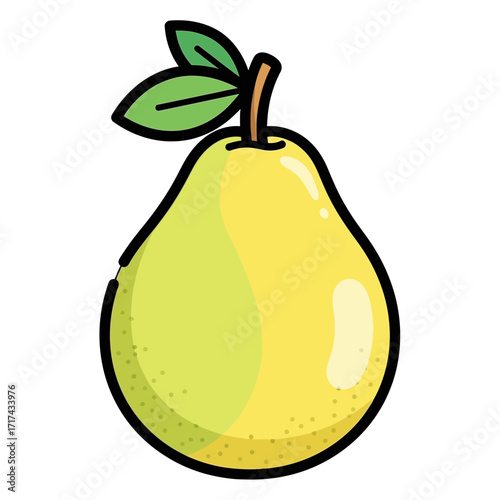 Cartoon pear with stem and leaves isolated on white background.