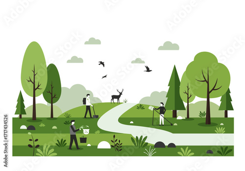 Illustration of outdoor activities such as planting trees and cleaning up the environment as part of a conservation and biodiversity protection campaign.