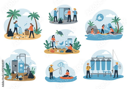 A set of illustrations depicting various efforts to maintain clean water and protect marine ecosystems, from beach cleanup to water treatment.