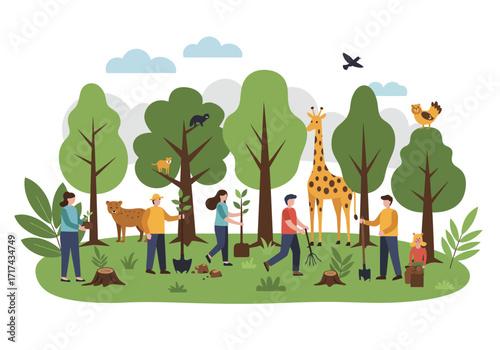 Illustration of reforestation and forest protection activities, where people are planting trees among a diverse group of wildlife like giraffes and gorillas.