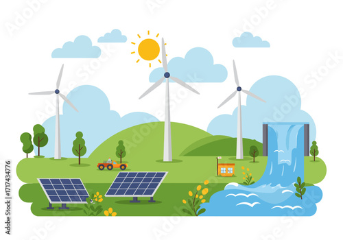 Illustration of a peaceful rural landscape with renewable energy sources such as wind turbines, solar panels, and a waterfall.