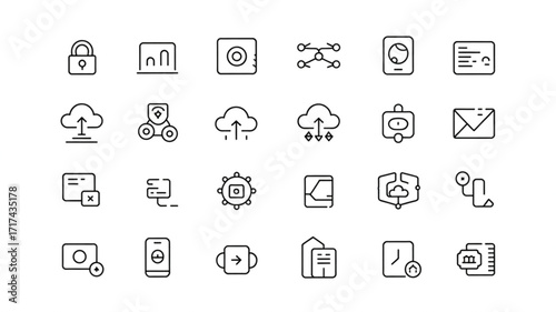 A collection of simple black outline christmas icons including trees stars bells holly and gift boxes arranged in a grid pattern on a white background