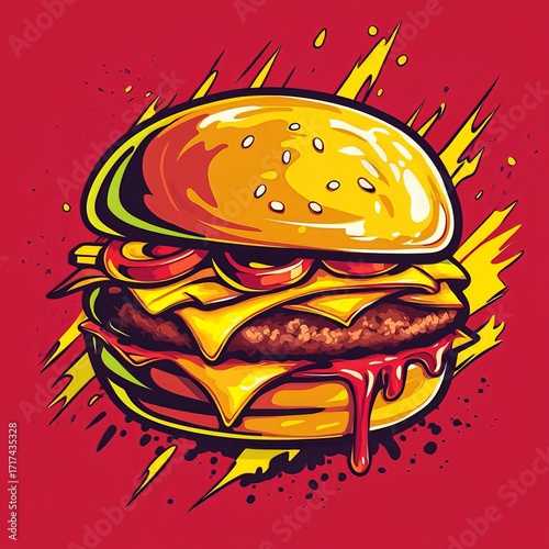 A vibrant illustration of a cheeseburger with a juicy patty, melted cheese, and fresh tomato slices, all enclosed in a sesame seed bun, set against a dynamic red background with bold yellow accents.