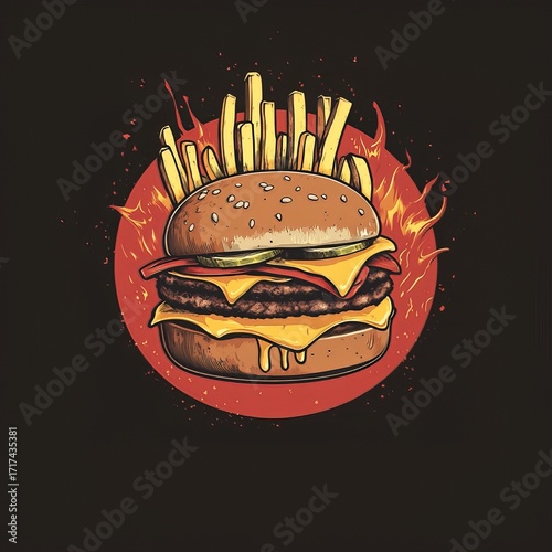 A vibrant illustration of a cheeseburger with a juicy patty, melted cheese, and fresh tomato slices, all enclosed in a sesame seed bun, set against a dynamic red background with bold yellow accents.