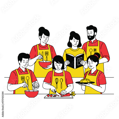 Vector art of people cooking together in a kitchen