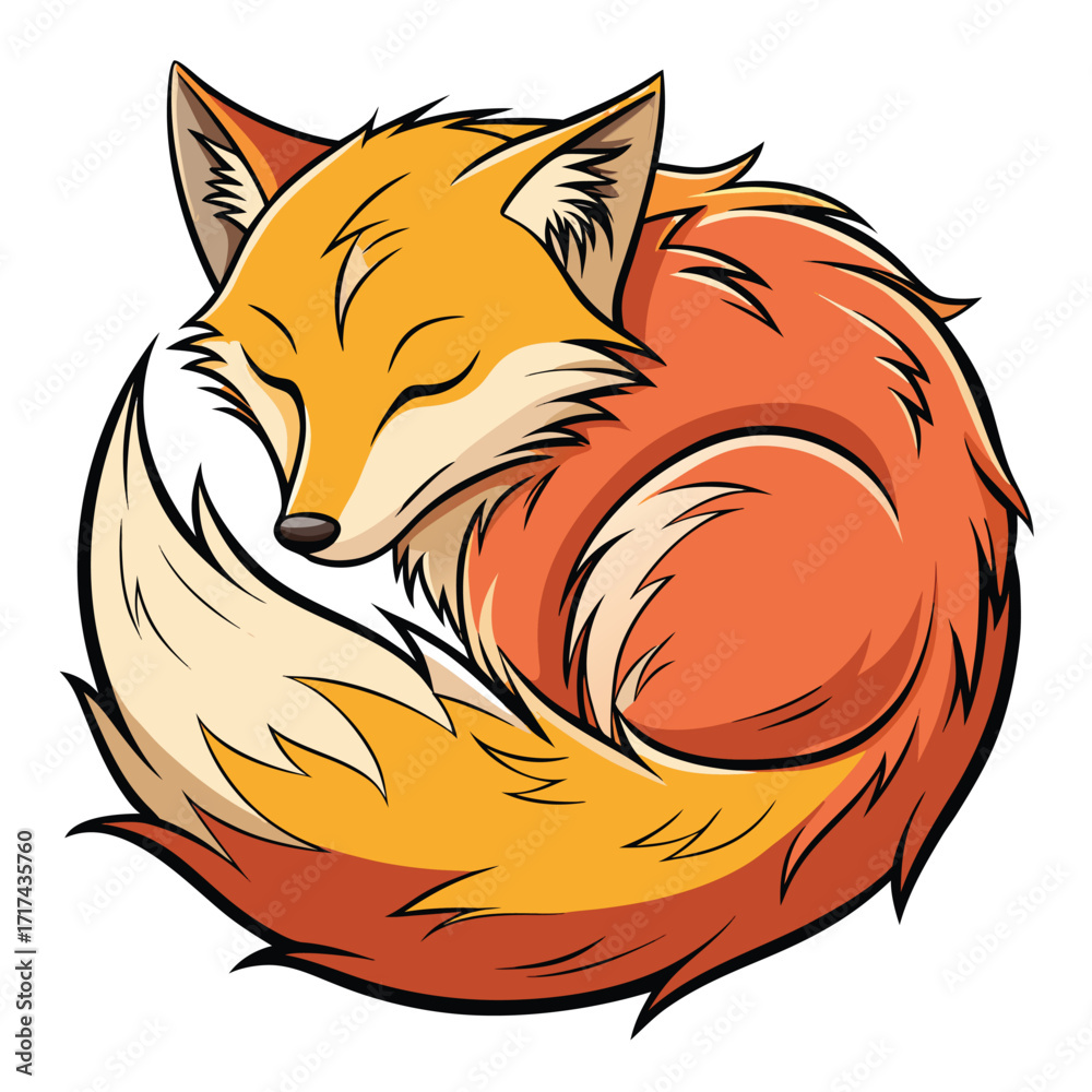 Obraz premium Cute Cartoon Fox Curled Sleeping, Warm Orange Tones, Peaceful Childlike Illustration