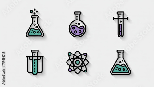 Science lab equipment vector illustration featuring beakers test tubes and atom model for chemistry education