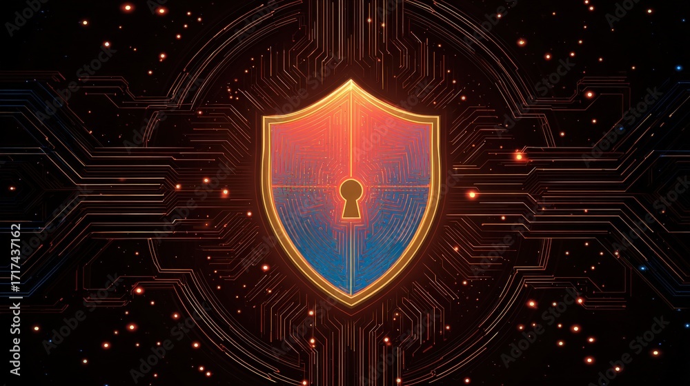 Fototapeta premium Digital Shield Symbolizing Security in a Futuristic Background with Circuit Patterns and Glowing Elements