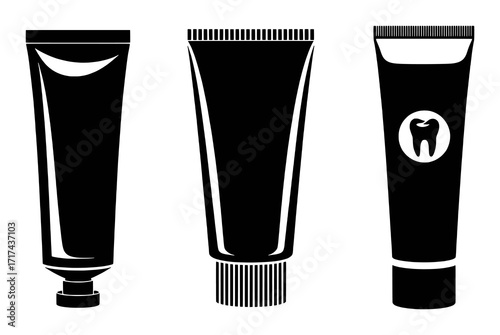 Black and White Illustration of Three Toothpaste Tubes with a Tooth Icon
