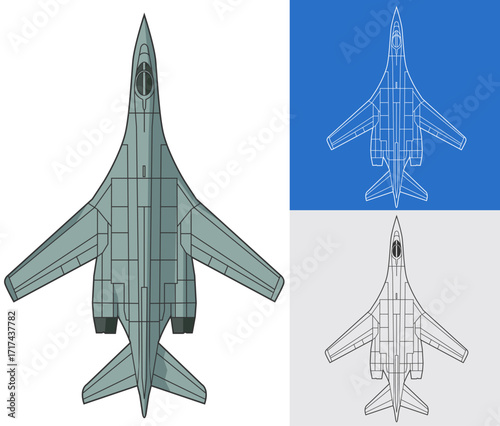 Set B-1 Lancer military aircraft design in colored, lineart and blueprint style from top view. Vector illustrations colorful fighter jet. Outline drawing united states modern combat aeroplane.