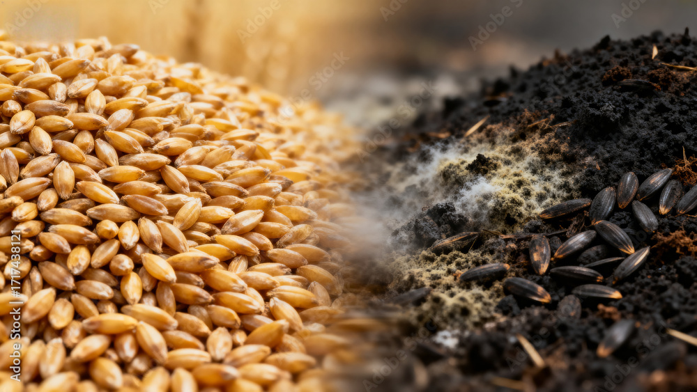 Obraz premium Golden wheat grains contrast with dark soil and scattered seeds in a close-up agricultural scene.