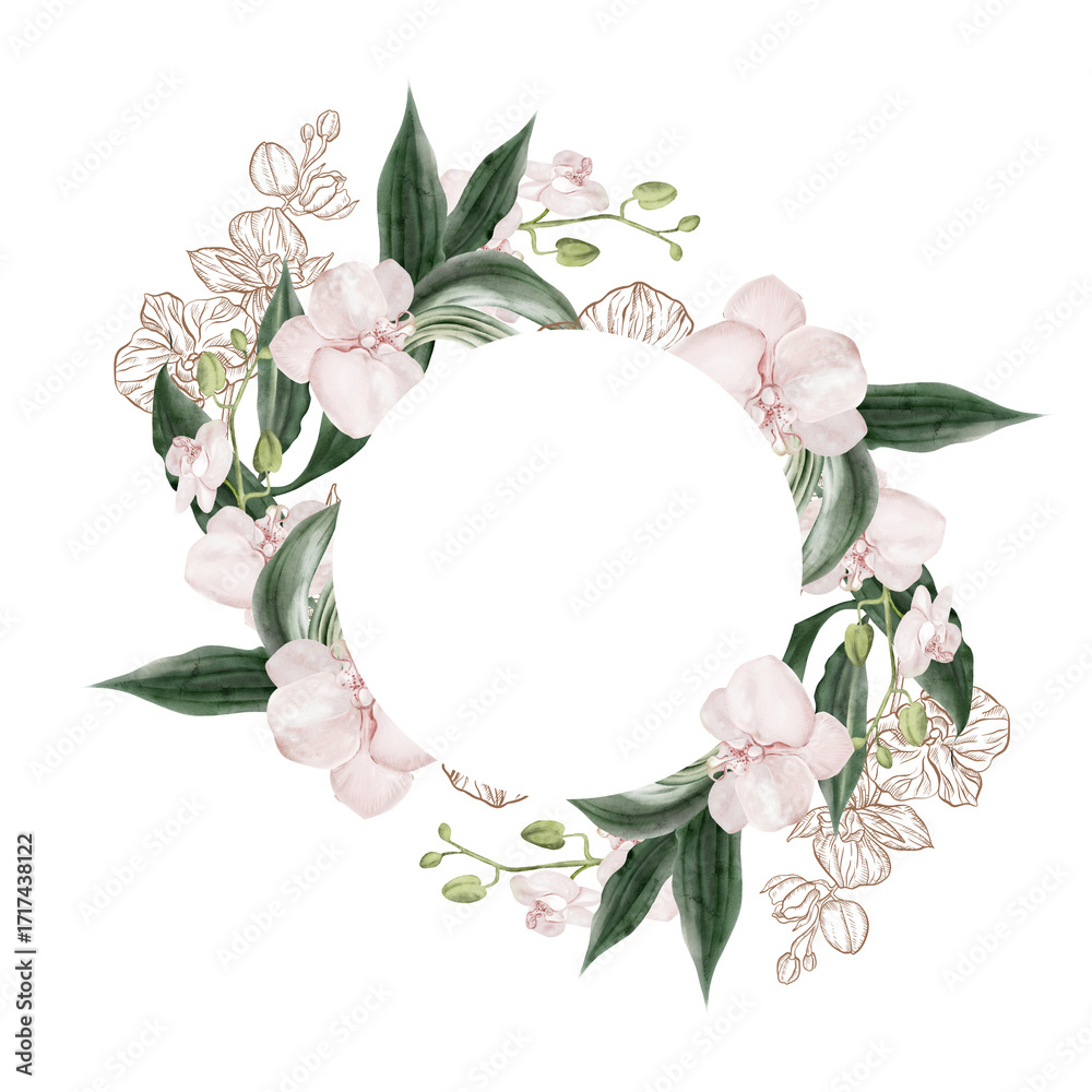 Fototapeta premium Wedding invitation wreath with pink orchid flowers leaves.