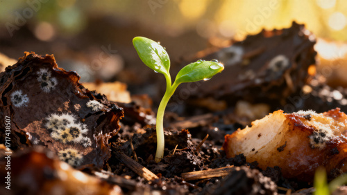 A young seedling emerges from rich, decomposing soil surrounded by organic matter.