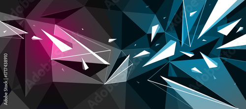 Low poly background with particles debris in motion and color spotlights vector design, 3D dynamic surface with debris explosion, triangular elements flying over polygonal backdrop.