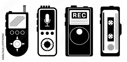 Collection of four black and white icons of audio recording devices