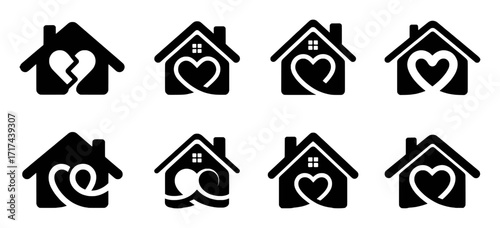 Collection of House and Heart Icons: Love, Home, and Support Symbols